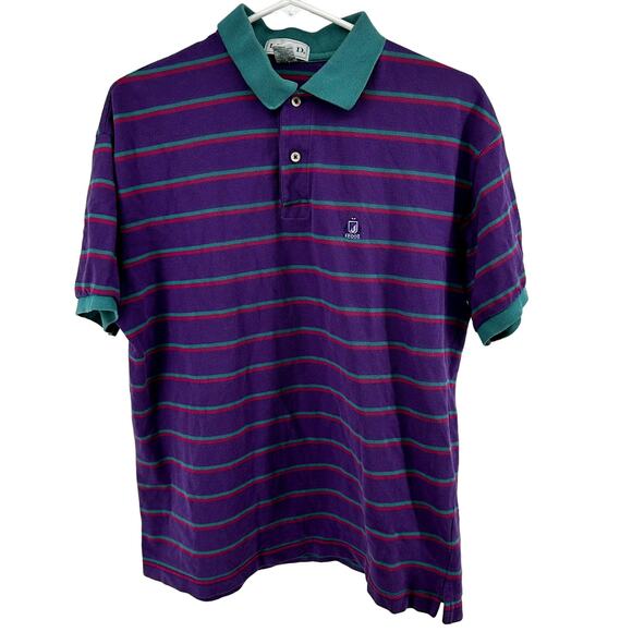 VTG Izod Striped Polo Shirt Embroidered Logo 100% Cotton Purple Green Large - Picture 1 of 4